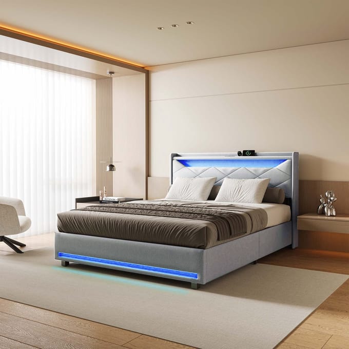 Bedframe 140x200 – met Opbergruimte – LED & USB-C – Hoofdbord met Opbergplank – Grijs