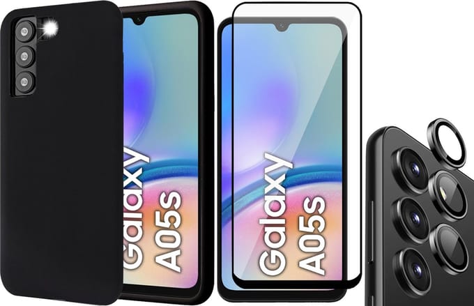 Hoesje geschikt voor Samsung Galaxy A05s - Screenprotector Volledig Dekkend Glas & Camera Protector - Mat Back Case Zwart