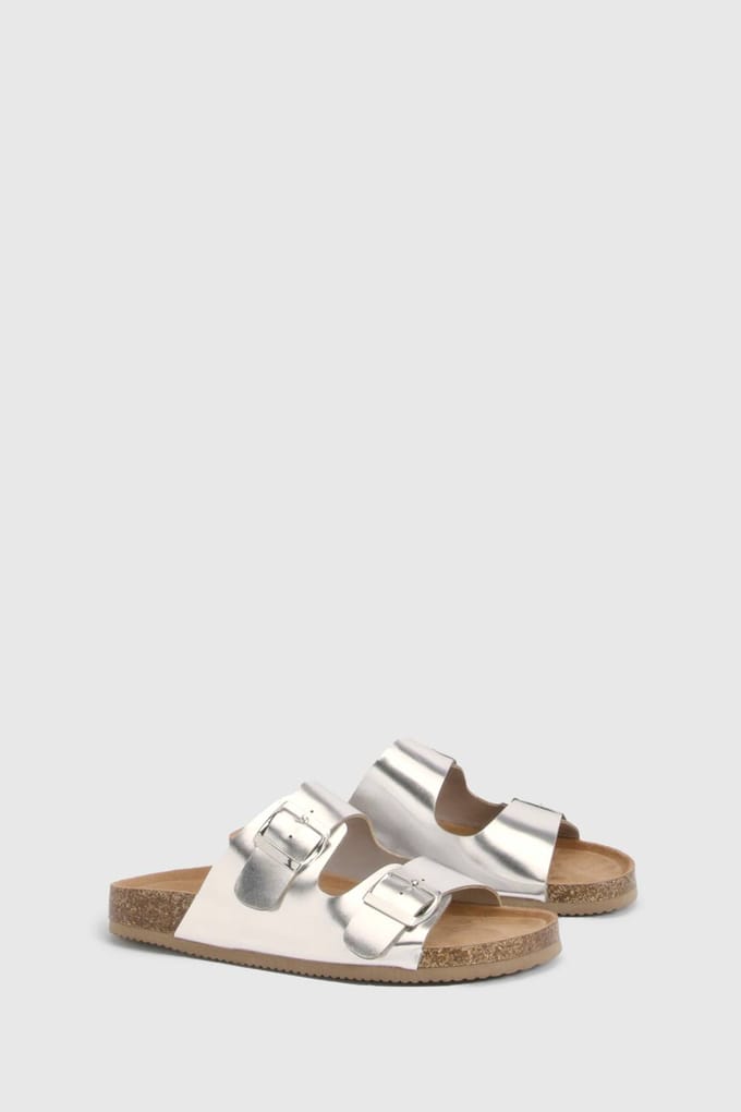 boohoo Dames Dubbele Gesp Voetbed Slippers | Zilver | Maat: 37