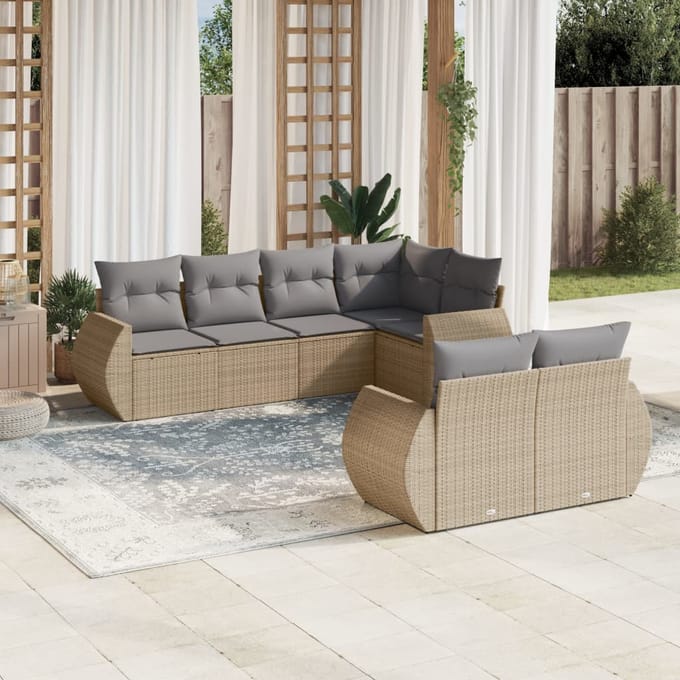 vidaXL - 7-delige - Loungeset - met - kussens - poly - rattan - beige