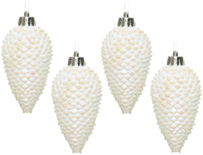 Decoris Kersthangers dennenappels - 24x - wit parelmoer -glitter - 8 cm - kunststof - kerstversiering