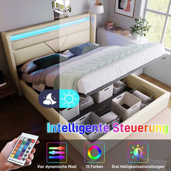Hydraulisch opbergbed met LED verlichtingsstrip, tweepersoonsbed bedframe gestoffeerd bed 160x200cm, functioneel bed, wit (met afstandsbediening)