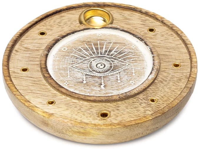 Ronde Wierookhouder Alziend Oog Mangohout Whitewash - Ø10 cm