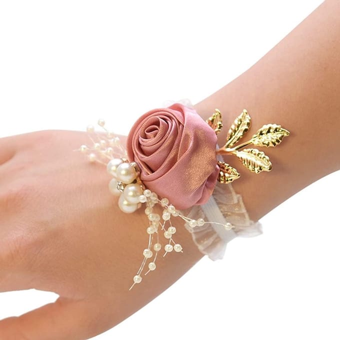 Bruiloft Polsbloemen - Polsband Bloemen - Bruiloft Versiering - Met Parels - 7 x 7 cm - Goud