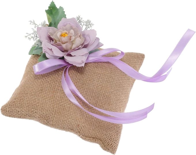 Bruiloft Ringkussen - Decoratief Kussen - Ringen Presenteren - Met Kunstbloemen - 16x16x10cm - Paars