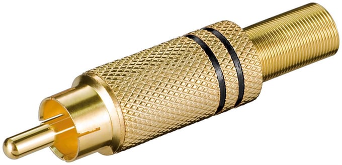 Vergulde RCA plug met knikbescherming zwart