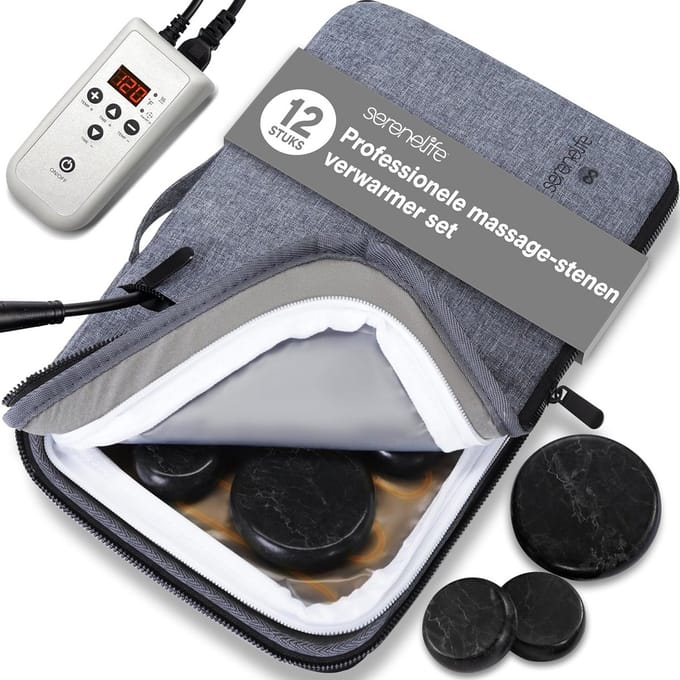 Basaltstenen Massageset - Warme stenen - Spierontspanning thuis - Inclusief verwarmtas - 12 stenen - Zwart