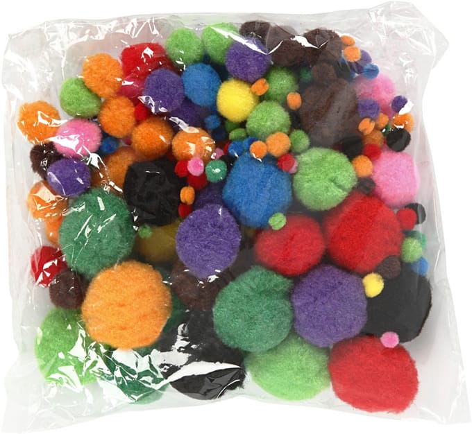 Pompons, d 5-40 mm, ca. 150 stuk, diverse kleuren, 42 gr/ 1 doos