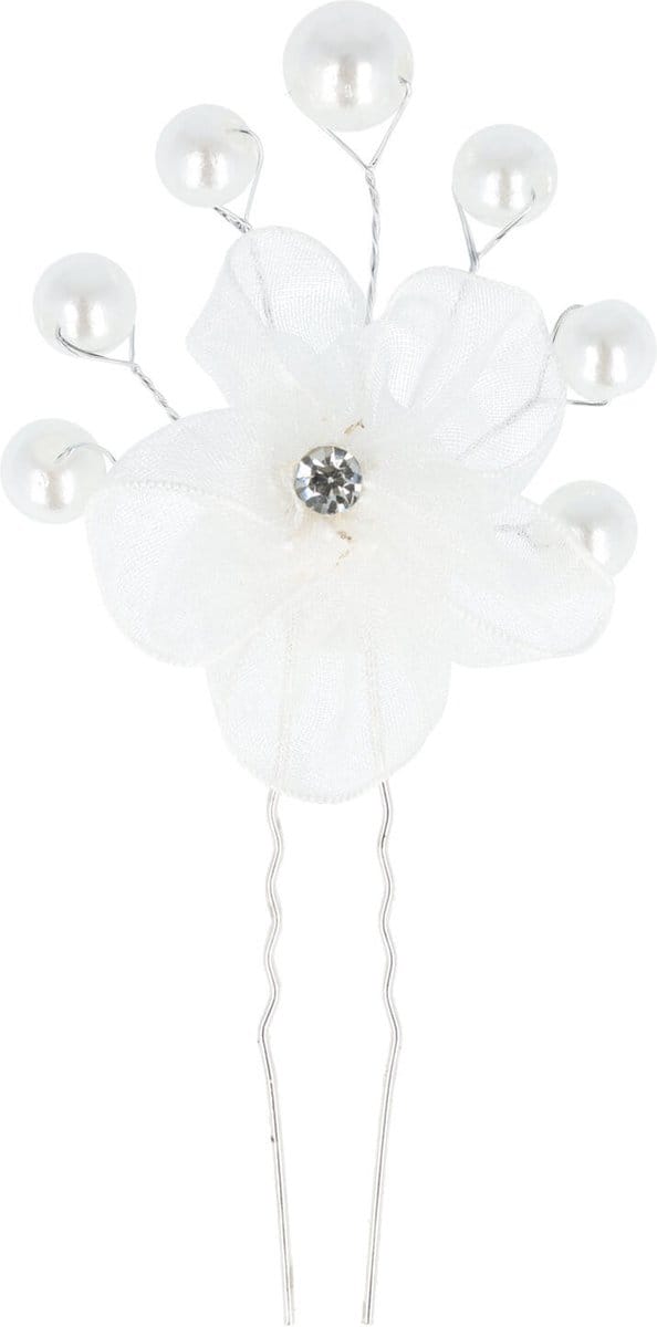 Haarsoires Haarspeld Haarpin 8cm - Bloem - Parelkralen - Wit Zilver