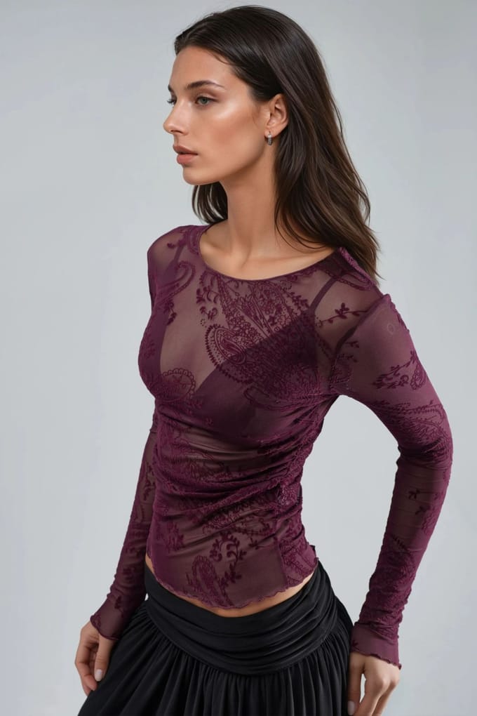 Aangesloten Lange Mouwen Flockprint Tulle Blouse