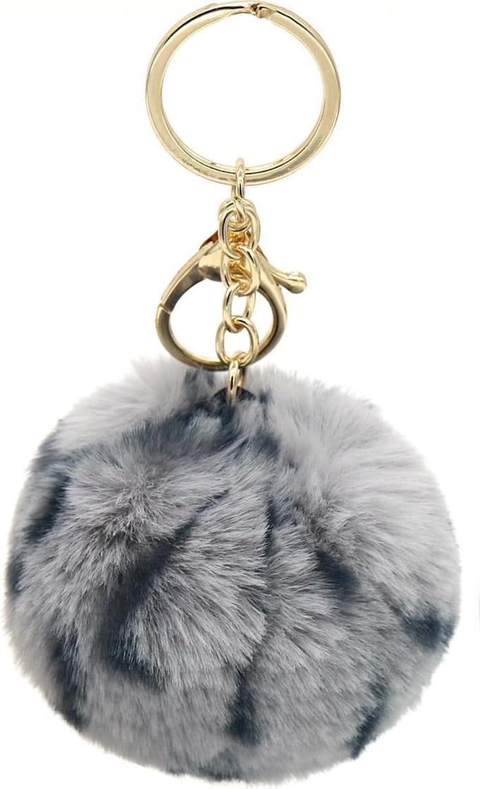 Dielay - Sleutelhanger Fluffy Bal - Panter / Luipaard - 7 cm - Grijs