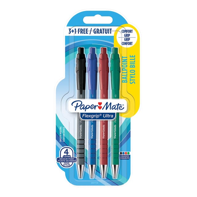 Paper Mate Flexgrip Ultra-balpennen met drukknop | Medium punt (1,0 mm) | Diverse kleuren | 4 stuks