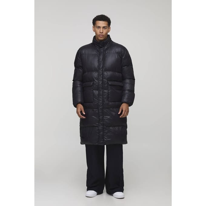 Regular Fit High Shine Longline Puffer Jacket | Black | Size Large