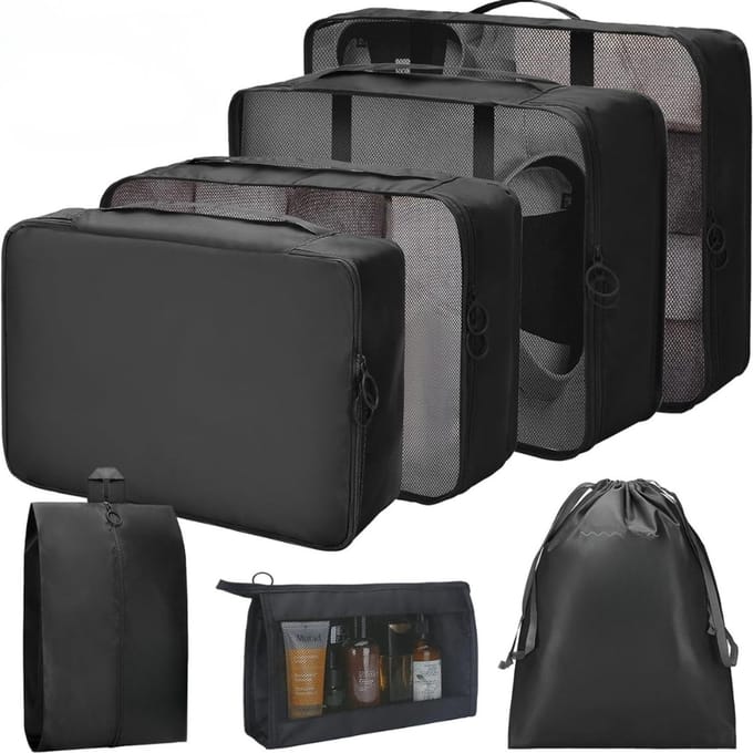Famanu - 8-delige waterdichte packing cubes set met make-uptas – Zwart