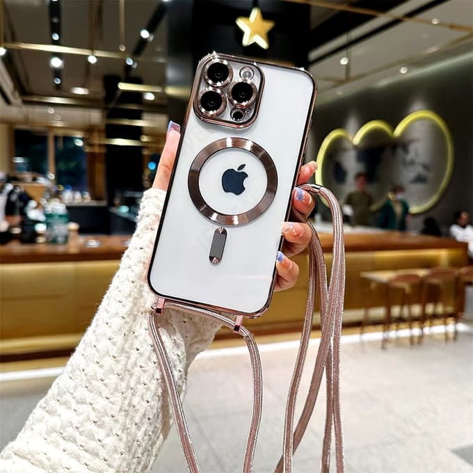 iPhone 15 Plus Magsafe Silicone Hoes met Koord / Touwtje - Rose Goud