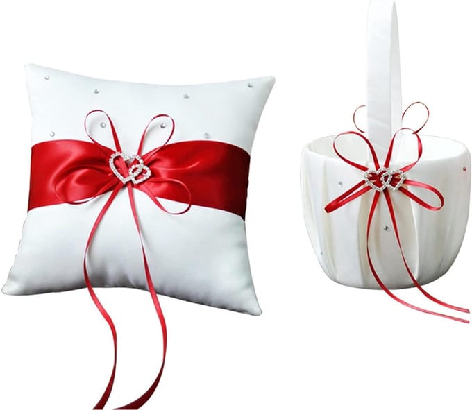 Bruiloft Set - Bloemenmand Ringkussen - Bruiloft Decoratie - Dubbele Hart Versiering - 22x13cm - Wit