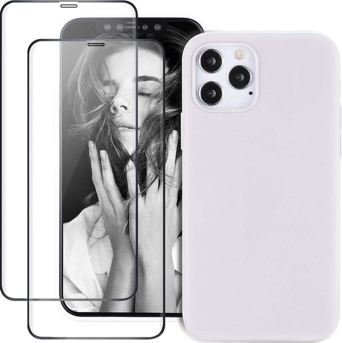 Backcover Hoesje Geschikt Voor: 12 Pro Max Liquid Silicone rubberen + 2X volledige Tempered screenprotector - Wit