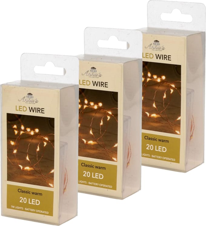 Anna's Collection Draadverlichting - Set van 3x stuks - lichtsnoer - 20 led lampjes - warm wit - 100 cm - op batterij