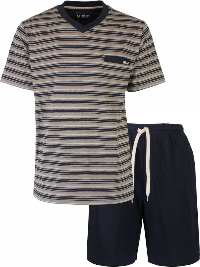 MEQ Heren Shortama - Gestreept Dessin - V Hals - Navy Blauw - Maat M