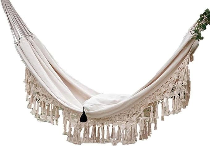 Dubbele Hangmat - Schommel Net - Buiten Ontspannen - Macramé Fringe - 270 cm Lengte - Wit