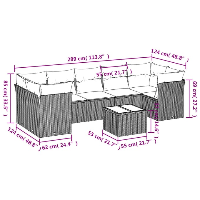 vidaXL - 8-delige - Loungeset - met - kussens - poly - rattan - grijs