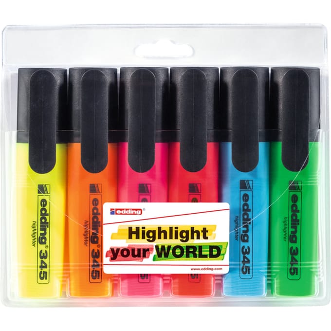 edding 345 highlighter - set van 6 - beitelpunt 2-5 mm - ideaal voor heldere markeringen en accentuering van tekstfragmenten en notities