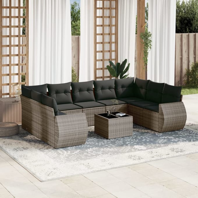 vidaXL - 10-delige - Loungeset - met - kussens - poly - rattan - grijs