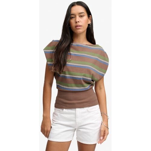 Superdry Deep Rib Stripe Bardot Top Slanke Pasvorm Brown Grootte: 40