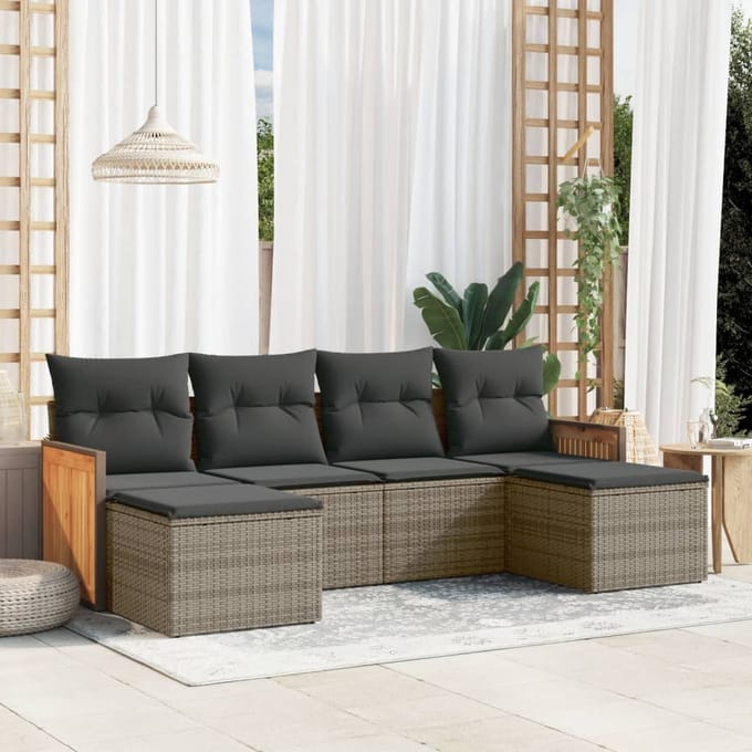 vidaXL - 6-delige - Loungeset - met - kussens - poly - rattan - grijs