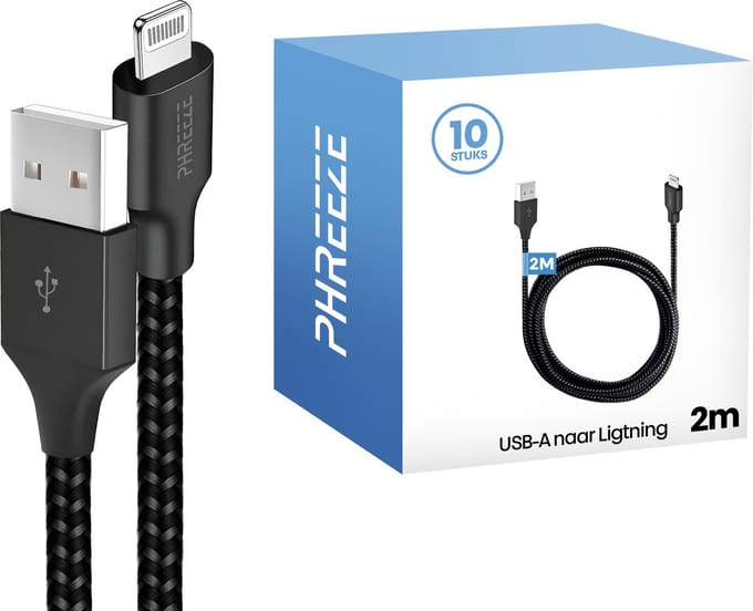 Grootverpakking geschikt voor Lightning usb oplaadkabel - 2m, 12w, stevig, zwart - Phreeze