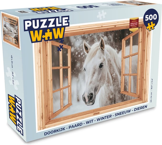 Puzzel Doorkijk - Paard - Wit - Winter - Sneeuw - Dieren - Legpuzzel - Puzzel 500 stukjes