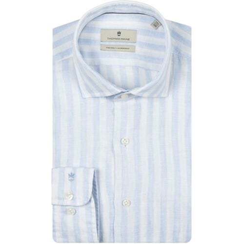 Thomas Maine Overhemd Roma Modern Kent Linnen Stripe Licht Blauw / male