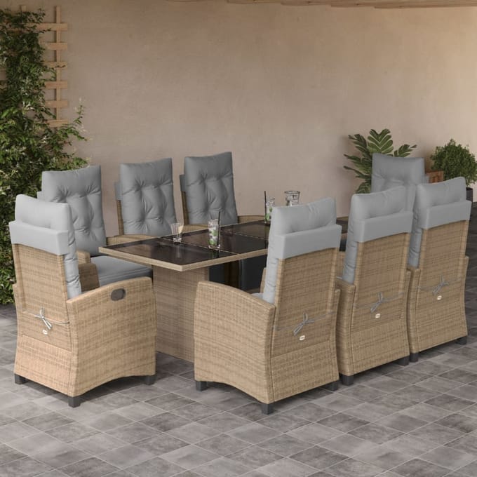 vidaXL - 9-delige - Tuinset - met - kussens - poly - rattan - gemengd - beige