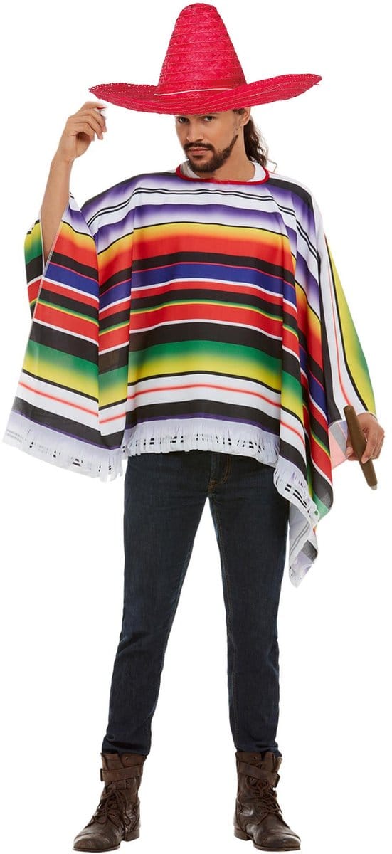 Carnaval verkleed set Mexicaan - gekleurde one size poncho - Sombrero hoed rood met dia 59 cm