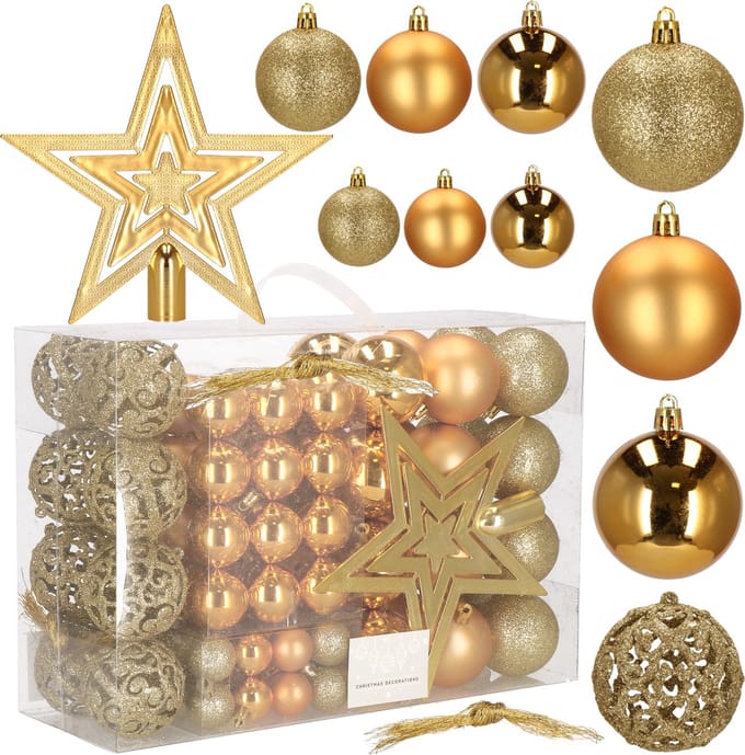 Springos Kerstballen | Kerstversiering | Onbreekbaar | 100 Stuks | Goud Tinten