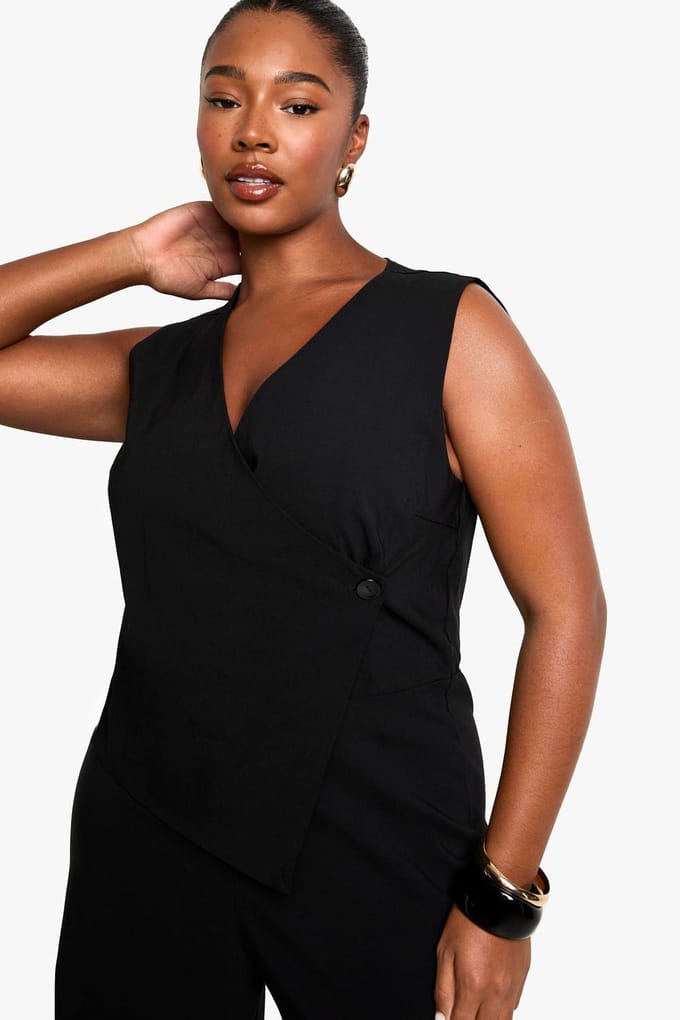 boohoo Dames plus bengaline weste-jumpsuit | Black | Maat: 28