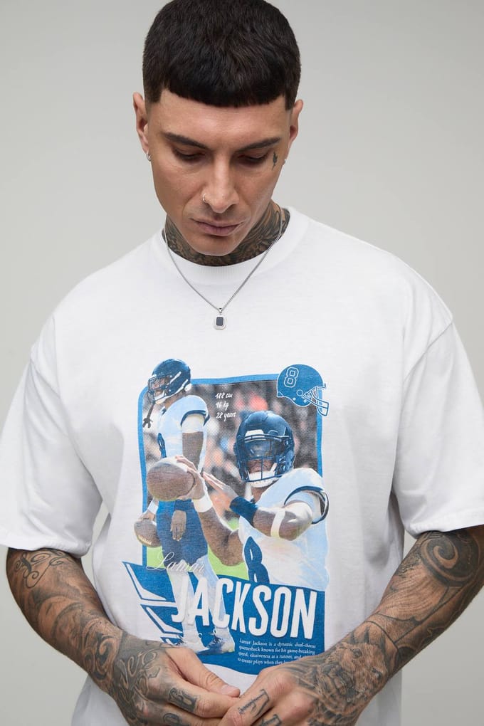 Lang Oversized Nflpa Lamar Jackson Licentie Bedrukt T-shirt | White | Size Small