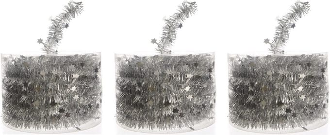 Decoris Kerstslinger - 3x - guirlande - met sterren - zilver - glanzende lametta - 700 cm