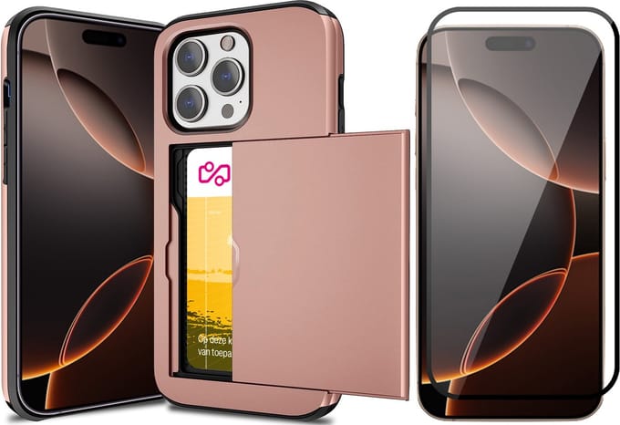 Hoesje met Pasjeshouder geschikt voor iPhone 16 Pro - Screen Protector FullGuard - Back Cover SlideCase Roségoud & Screenprotector