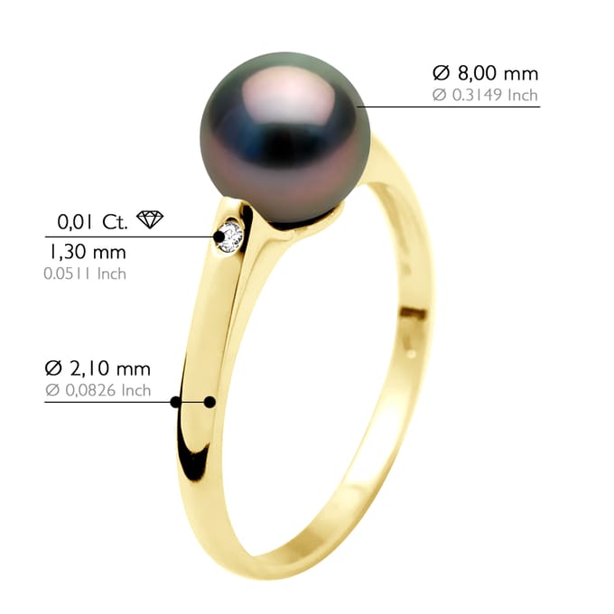 Ring Diamanten 0,02 Cts - Tahiti Parel Rond 8-9 mm - Geel Goud