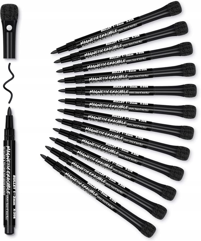Zwart whiteboard markers, 12 stuks, met wisser en bord