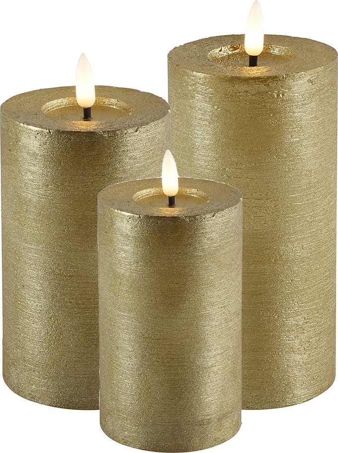 LED kaarsen/stompkaarsen - set 3x - goud - H8, H12,5 en H15 cm - warm wit