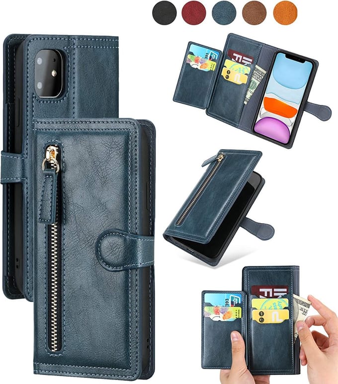Bookcase Geschikt voor: iPhone 13 Mini met ritssluiting - Hoesje Flipcover - Magnetisch - 5 kaarten houder - Donkerblauw