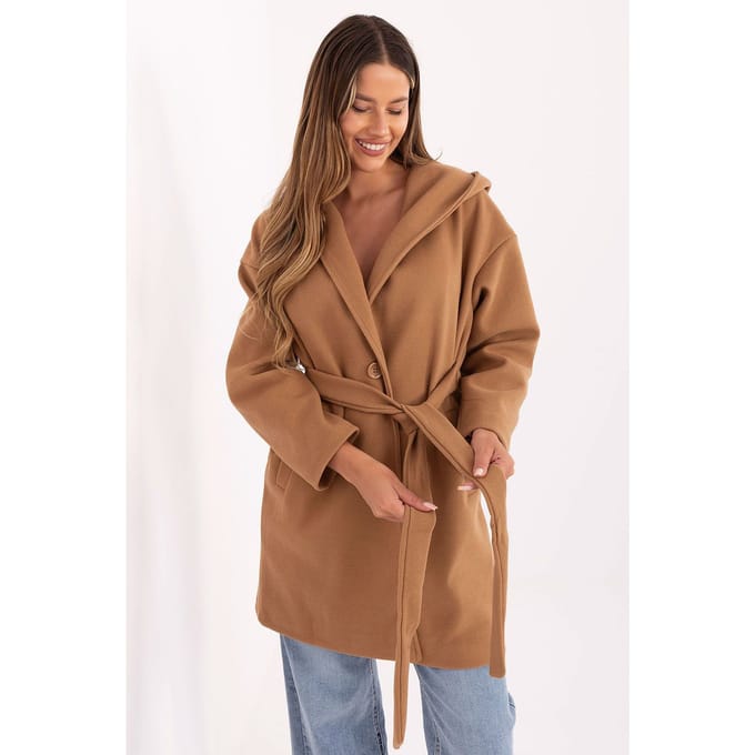 Elegant Hooded Coat - Camel / One Size