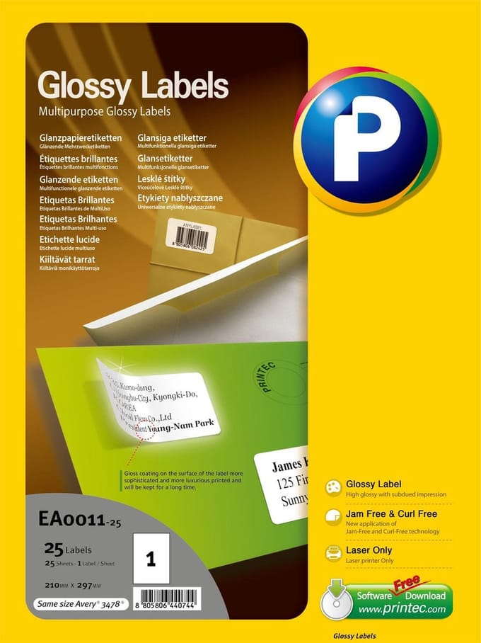 Printec Glanzend Etiket - Laser Printer - 25 Stickervellen - 1 Label - A4 - 25 Stickers