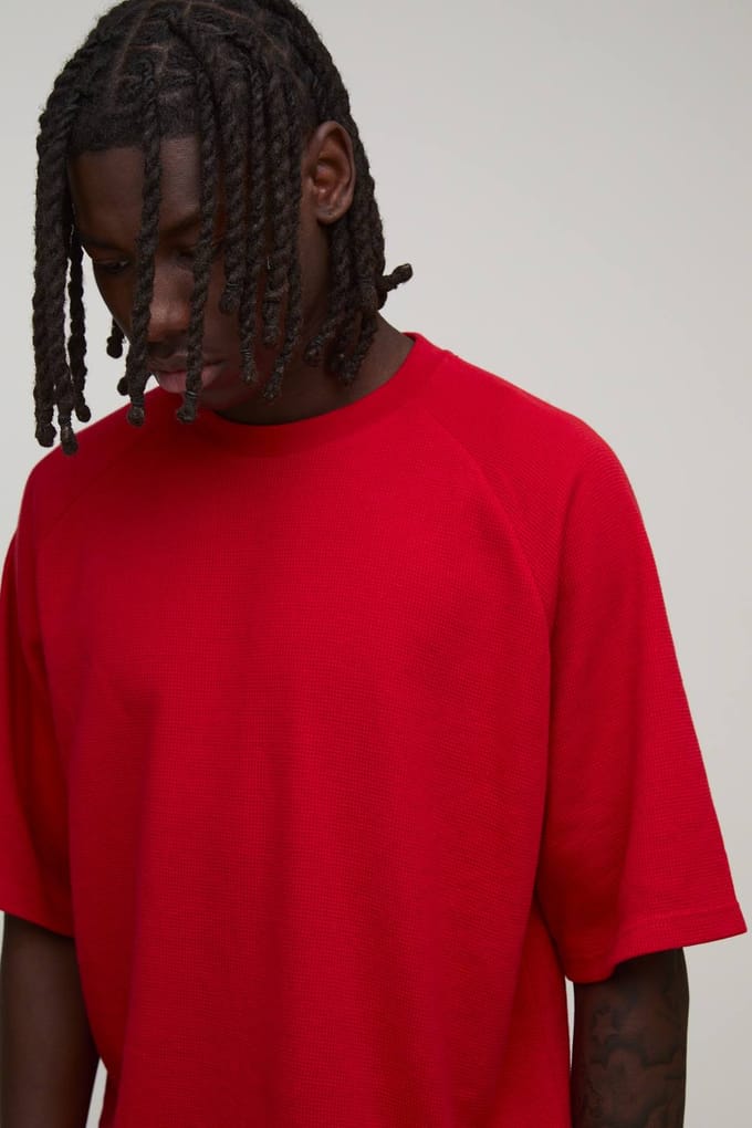 Oversized Boxy Waffle Raglan T-Shirt | Red | Size Medium