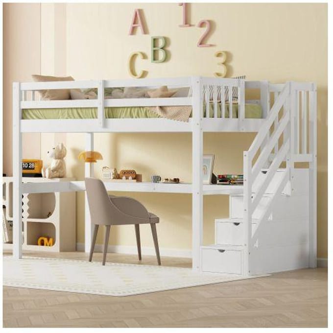 Verhoogd bed - MUVOE - 90 x 200 cm - Wit - Met lades - Geïntegreerd bureau wit