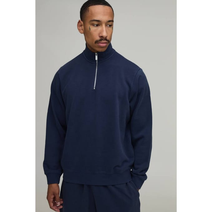 Regular Fit Premium 480gsm 1/4 Rits Col Trui Met Washed Afwerking | Washed Navy | Size Small