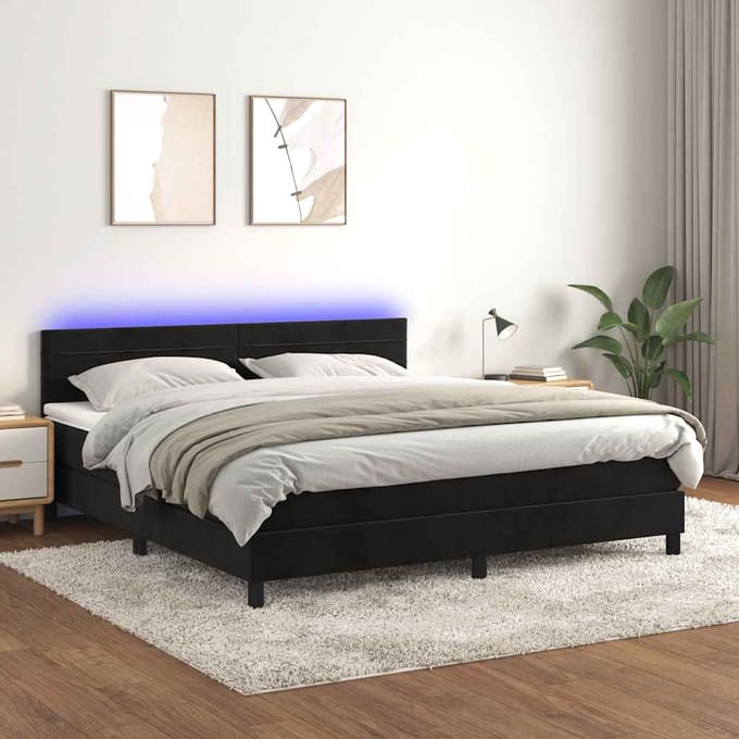 vidaXL - Boxspring - met - matras - en - LED - fluweel - zwart - 180x200 - cm