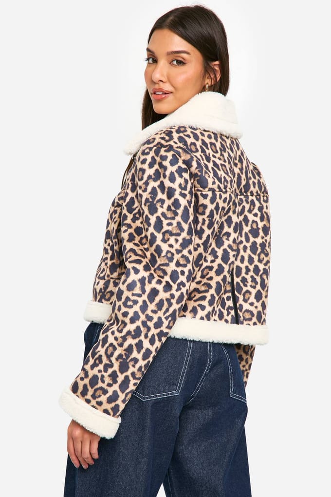 boohoo Dames Leopard Print Cropped Aviator Jas met Luipaardprint | Maat: 8